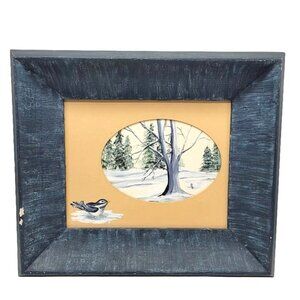 Signed Art Hand Painted Winter Scene Bird Lover Wood Frame Trees Farm Decor Snow